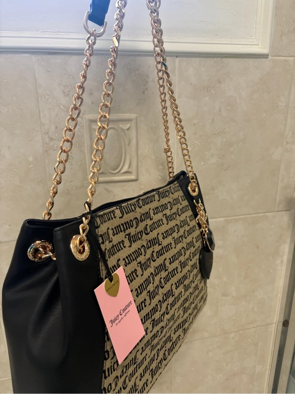 Juicy Couture Black & Beige Logo Shoulder Bag with Gold Chain Straps